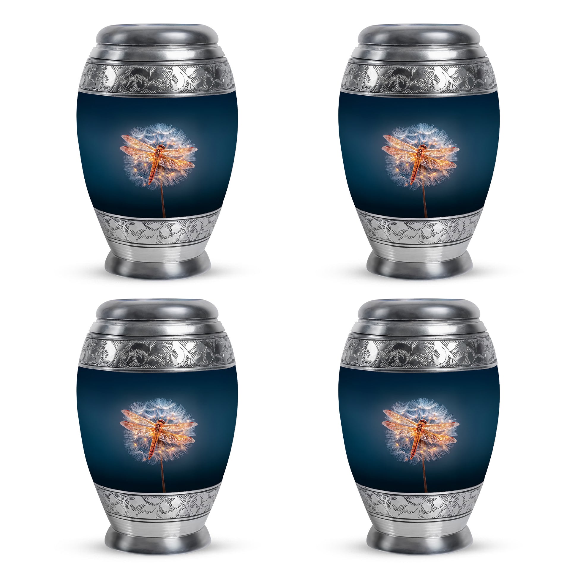 Bright Blue Dragonfly Cremation Urn urn with complimentary velvet bag - royal dragonfly engraving with decorative scrollwork - 10 inch aluminum urn for cremated remains