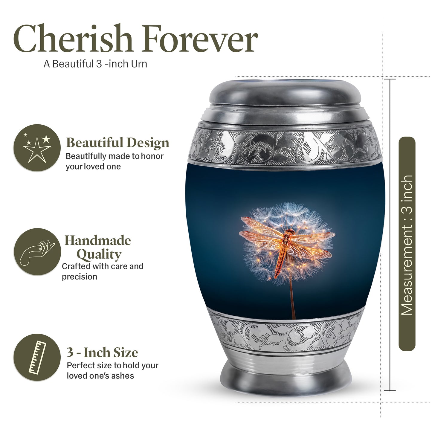 Cobalt Blue Dragonfly Cremation Urn lifestyle display on memorial shelf - royal dragonfly engraving with decorative scrollwork - mini keepsake memorial for portion of cremation ashes
