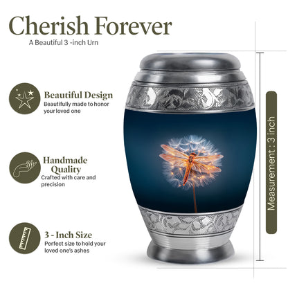 Cobalt Blue Dragonfly Cremation Urn lifestyle display on memorial shelf - royal dragonfly engraving with decorative scrollwork - mini keepsake memorial for portion of cremation ashes