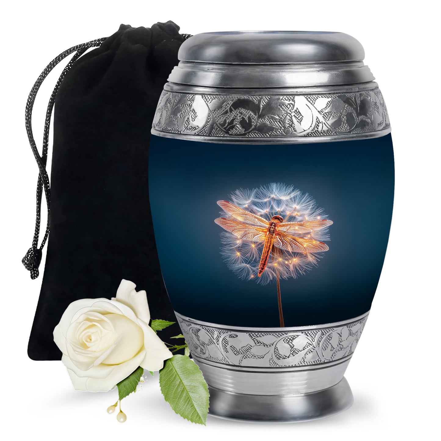 Indigo Dragonfly Cremation Urn back view with polished surface - regal dragonfly design with crown-inspired accents - full-size 10 inch 200 cubic inch adult cremation urn