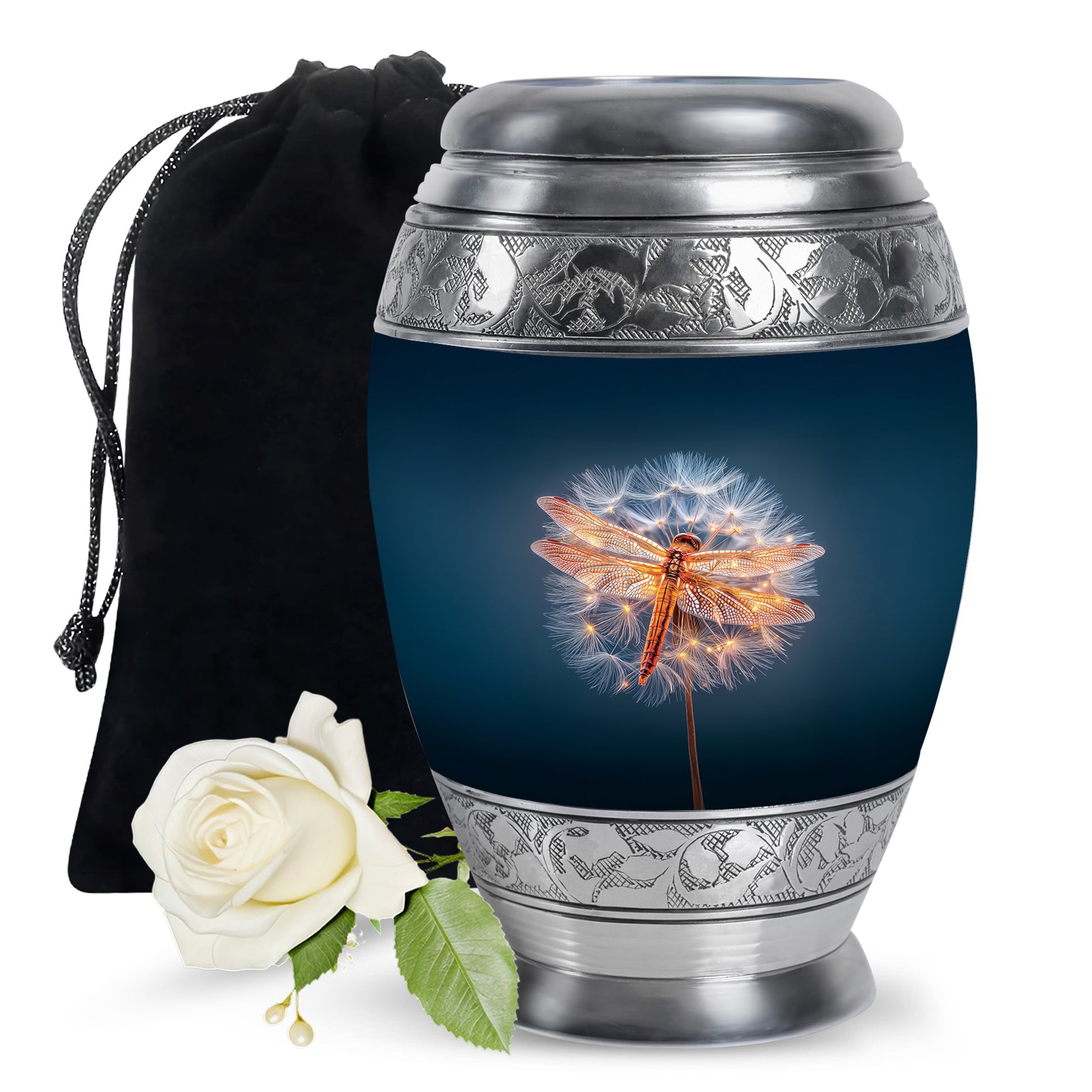 Indigo Dragonfly Cremation Urn back view with polished surface - regal dragonfly design with crown-inspired accents - full-size 10 inch 200 cubic inch adult cremation urn