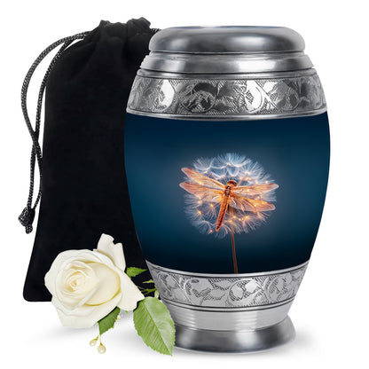 Indigo Dragonfly Cremation Urn back view with polished surface - regal dragonfly design with crown-inspired accents - full-size 10 inch 200 cubic inch adult cremation urn