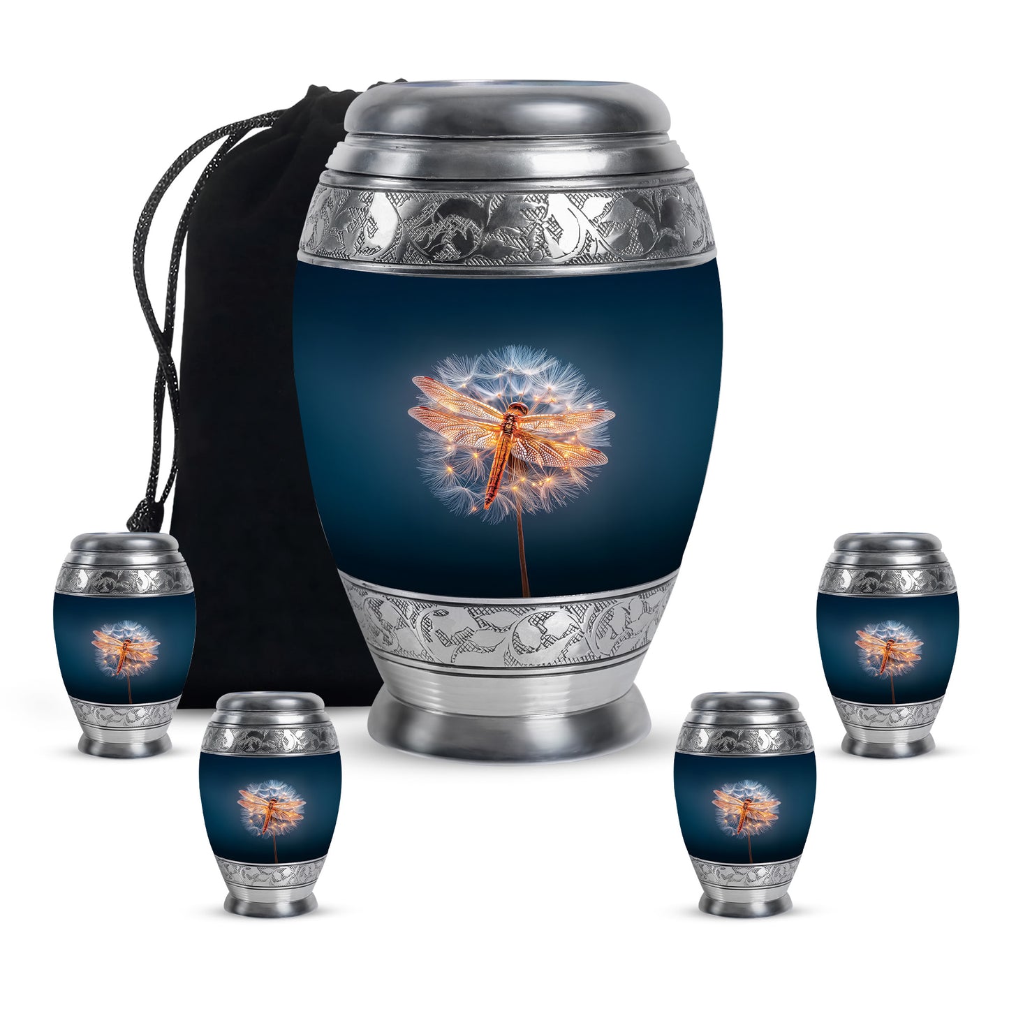 Twilight Blue Dragonfly Cremation Urn detail view - majestic dragonfly pattern with filigree border - memorial set with one large and four small urns