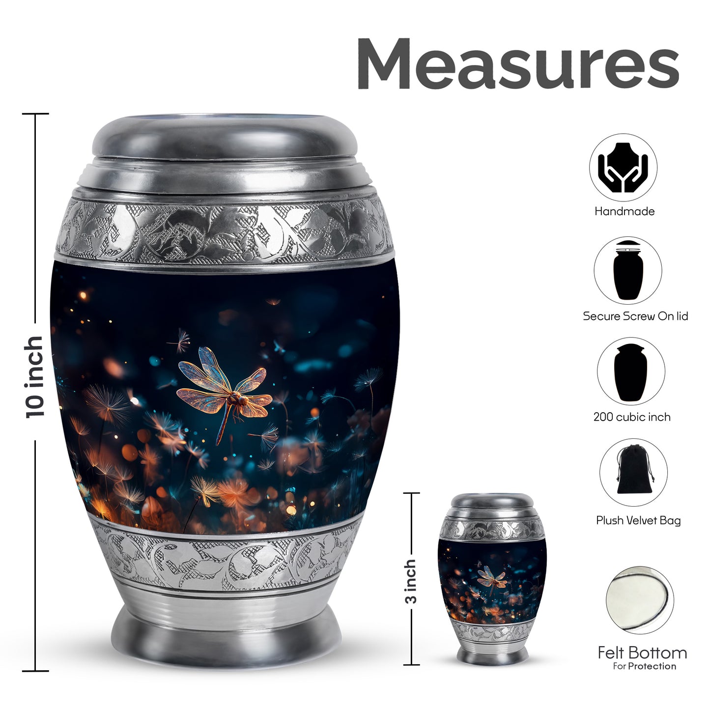 Cobalt Blue Dragonfly Cremation Urn lifestyle display on memorial shelf - majestic dragonfly pattern with filigree border - mini keepsake memorial for portion of cremation ashes