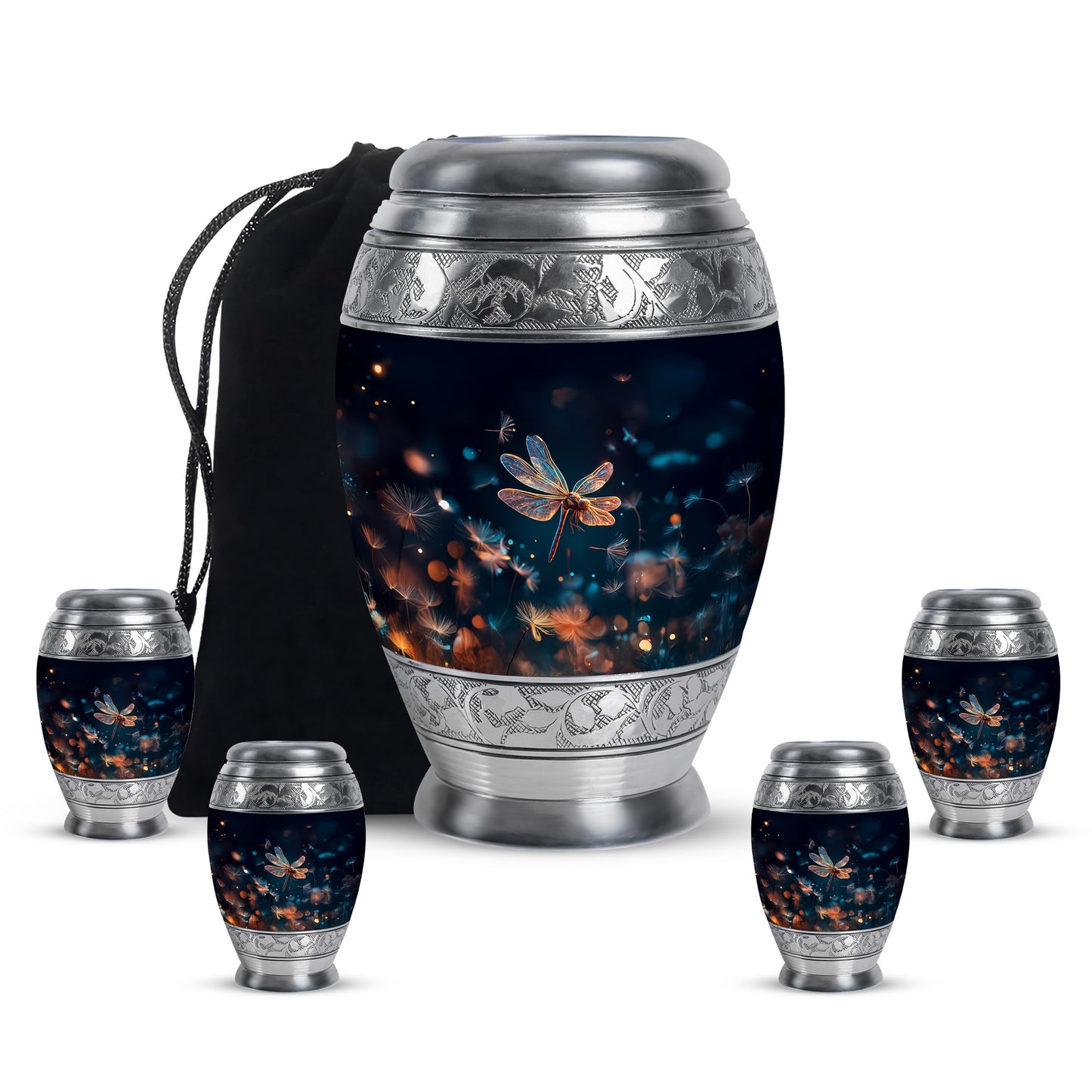 Bright Blue Dragonfly Cremation Urn detail view - majestic dragonfly pattern with filigree border - memorial set with one large and four small urns