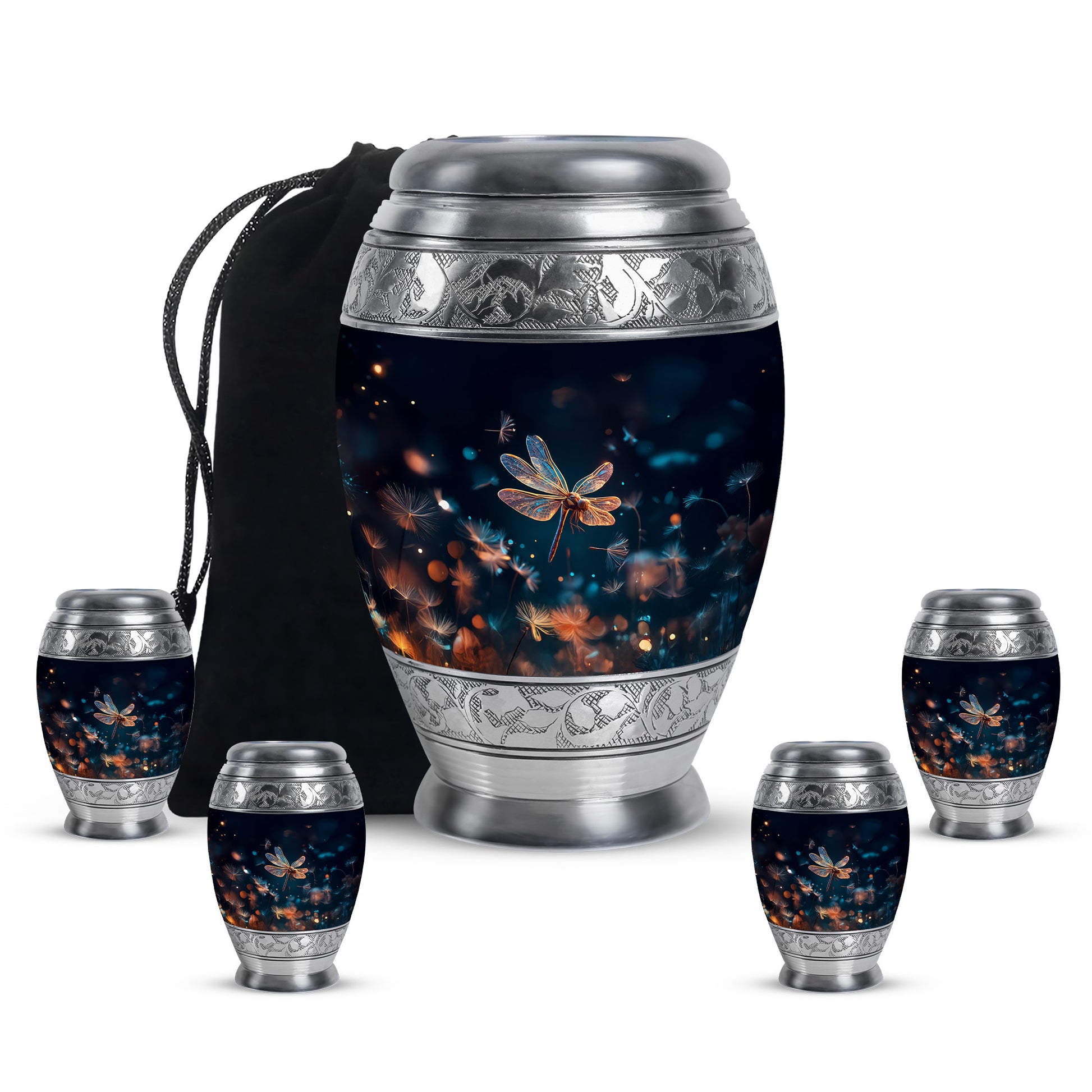 Bright Blue Dragonfly Cremation Urn detail view - majestic dragonfly pattern with filigree border - memorial set with one large and four small urns