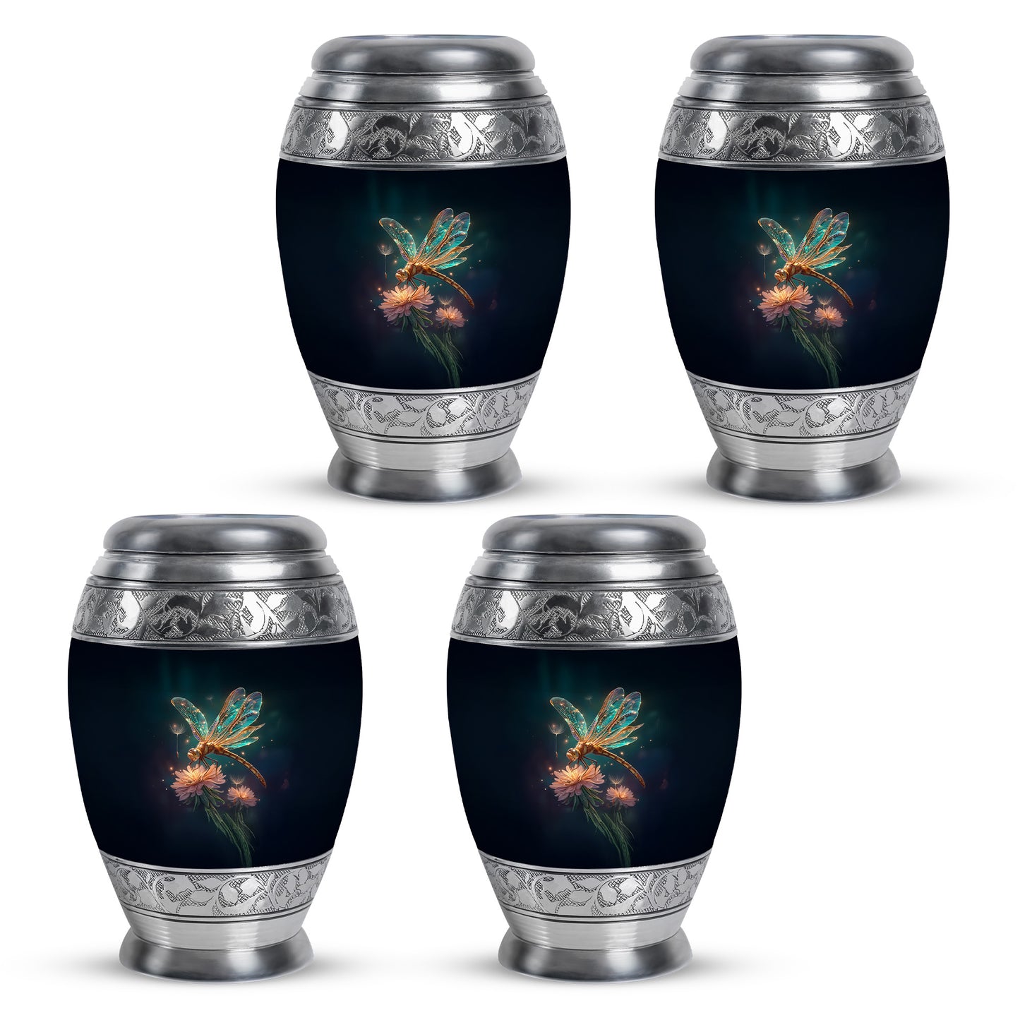 Celestial Blue Dragonfly Cremation Urn urn with complimentary velvet bag - ornate monarch-style dragonfly relief on brushed aluminum - 10 inch aluminum urn for cremated remains