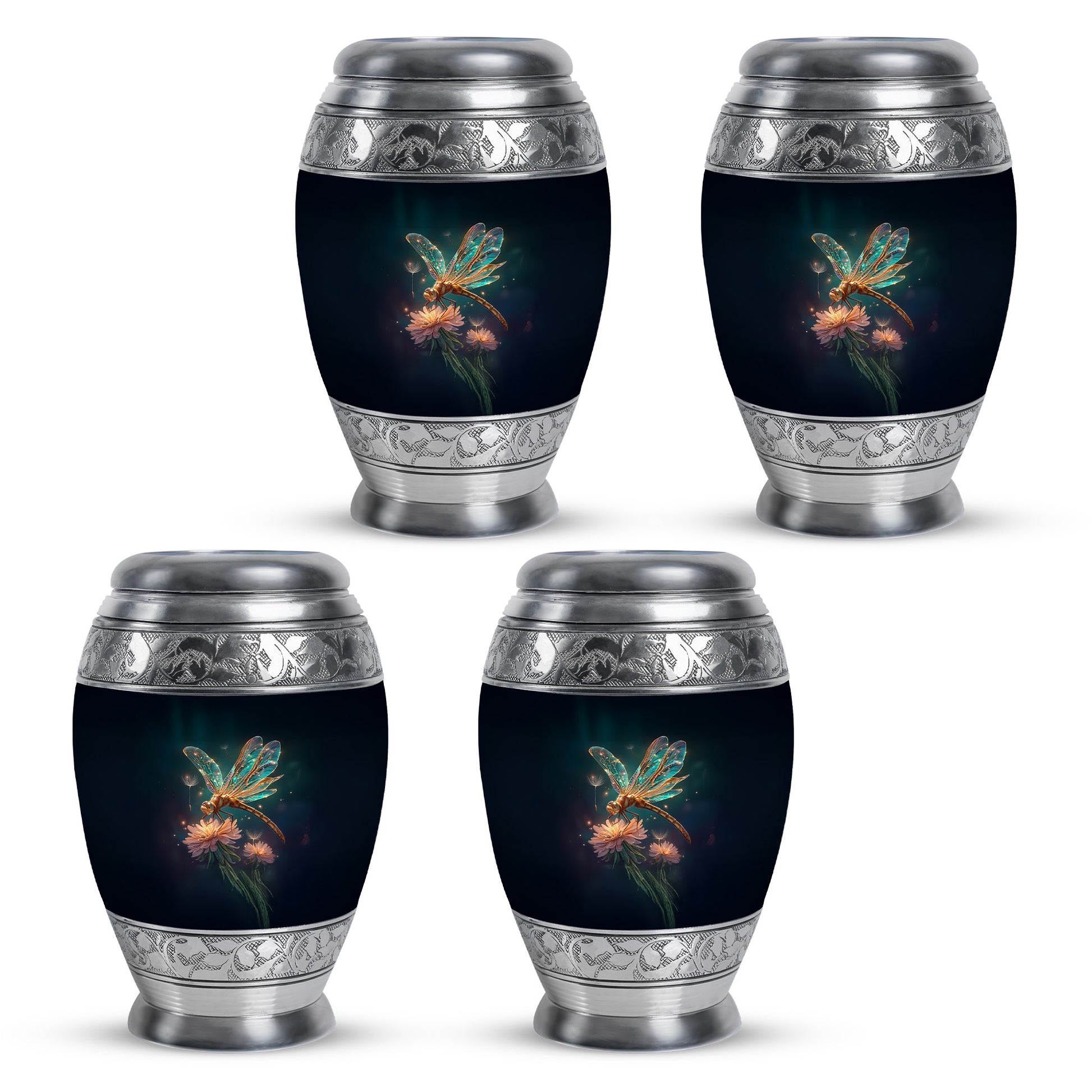 Celestial Blue Dragonfly Cremation Urn urn with complimentary velvet bag - ornate monarch-style dragonfly relief on brushed aluminum - 10 inch aluminum urn for cremated remains