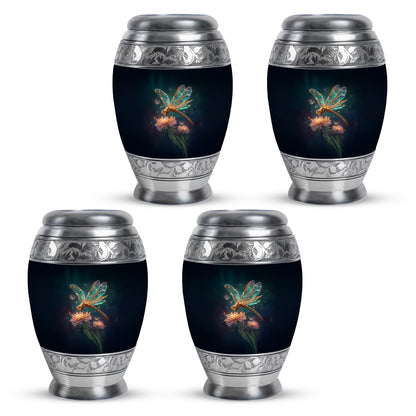 Celestial Blue Dragonfly Cremation Urn urn with complimentary velvet bag - ornate monarch-style dragonfly relief on brushed aluminum - 10 inch aluminum urn for cremated remains