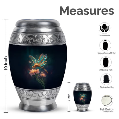 Navy Blue Dragonfly Cremation Urn lifestyle display on memorial shelf - ornate monarch-style dragonfly relief on brushed aluminum - mini keepsake memorial for portion of cremation ashes