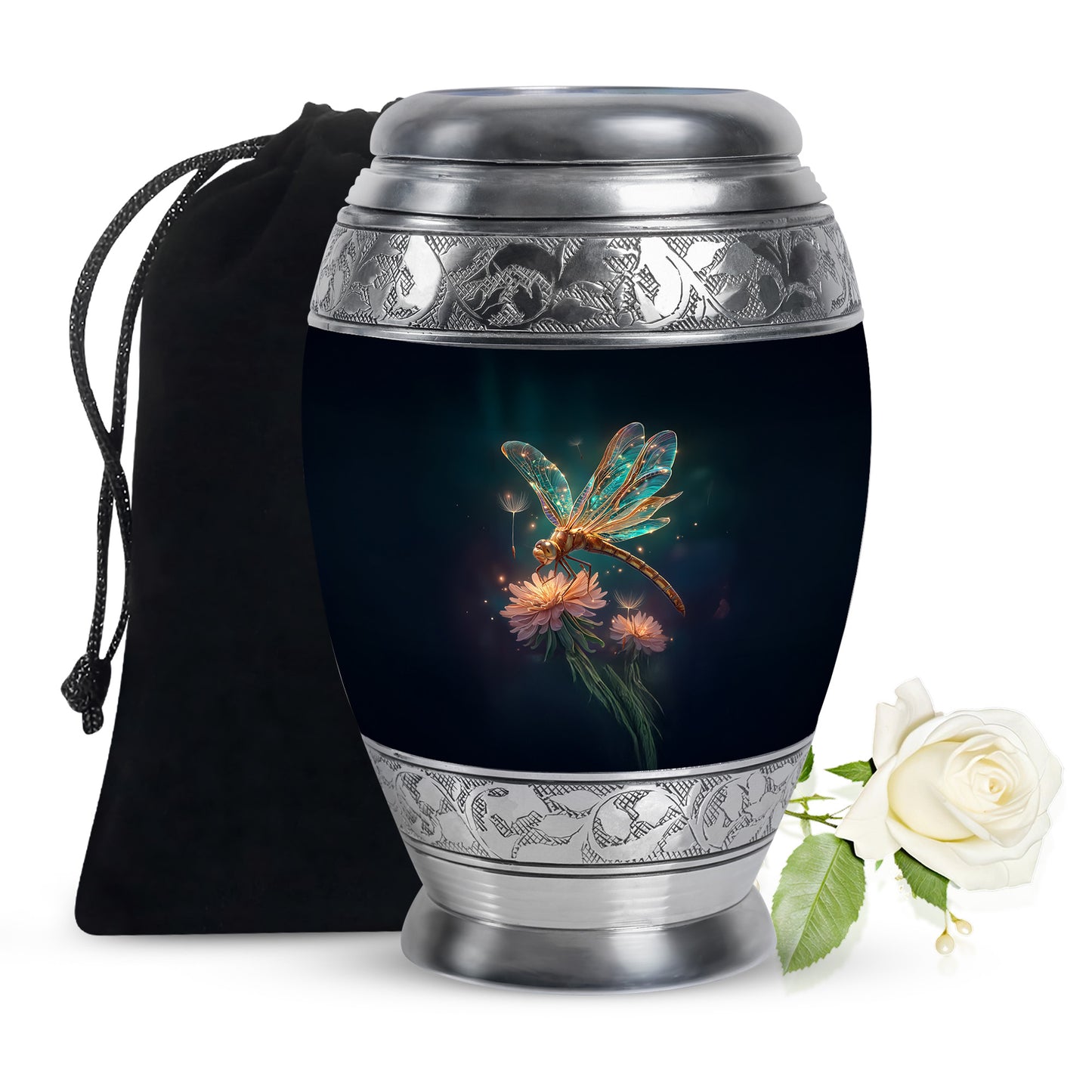 Slate Blue Dragonfly Cremation Urn back view with polished surface - regal dragonfly design with crown-inspired accents - full-size 10 inch 200 cubic inch adult cremation urn