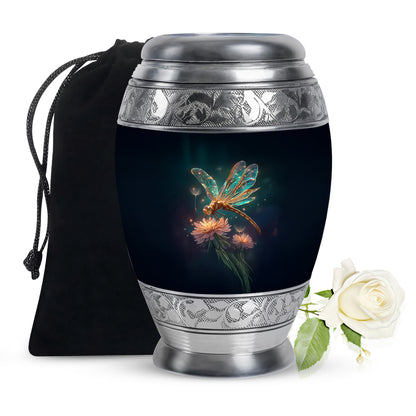 Slate Blue Dragonfly Cremation Urn back view with polished surface - regal dragonfly design with crown-inspired accents - full-size 10 inch 200 cubic inch adult cremation urn