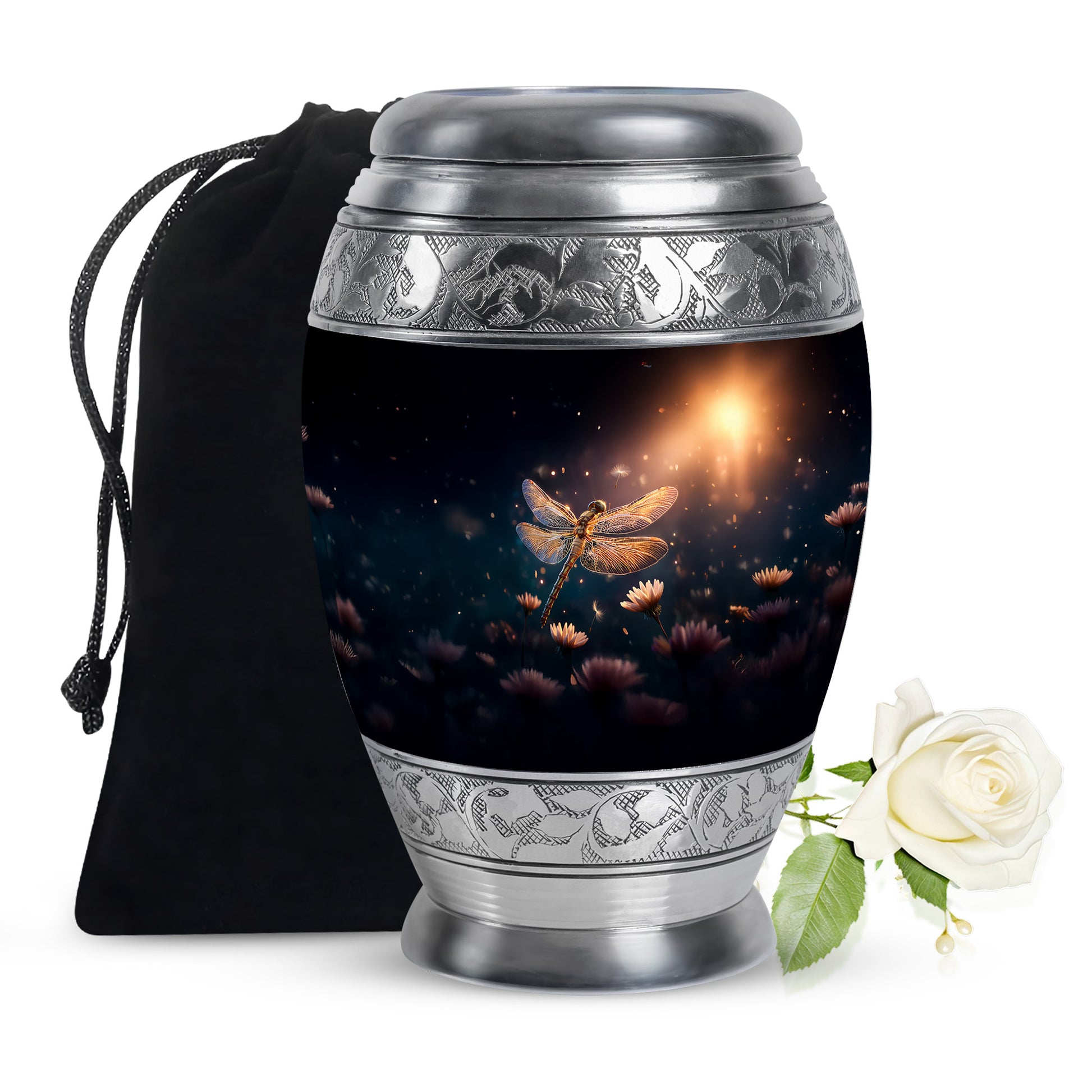 Dusty Blue Dragonfly Cremation Urn back view with polished surface - ornate monarch-style dragonfly relief on brushed aluminum - full-size 10 inch 200 cubic inch adult cremation urn