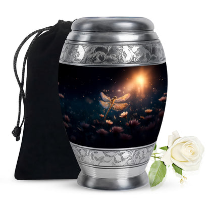 Dusty Blue Dragonfly Cremation Urn back view with polished surface - ornate monarch-style dragonfly relief on brushed aluminum - full-size 10 inch 200 cubic inch adult cremation urn