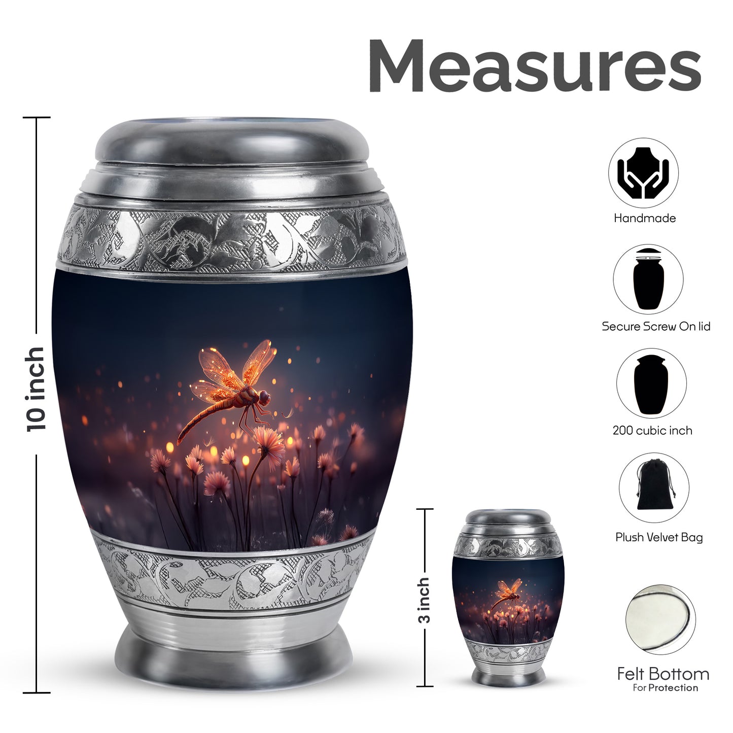 Twilight Blue Dragonfly Cremation Urn lifestyle display on memorial shelf - majestic dragonfly pattern with filigree border - mini keepsake memorial for portion of cremation ashes