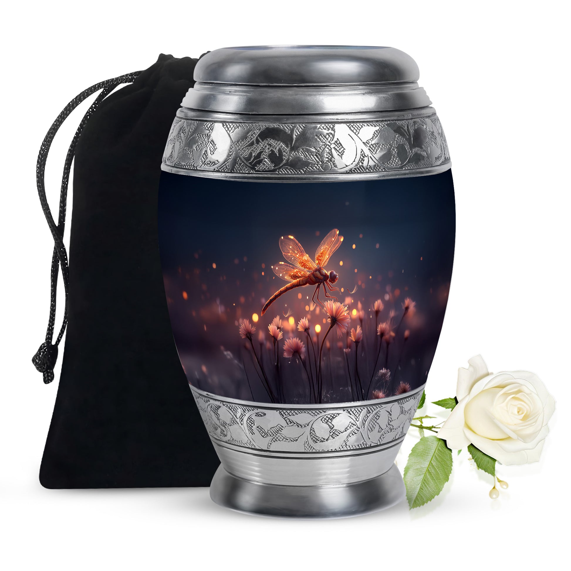 Steel Blue Dragonfly Cremation Urn back view with polished surface - royal dragonfly engraving with decorative scrollwork - full-size 10 inch 200 cubic inch adult cremation urn