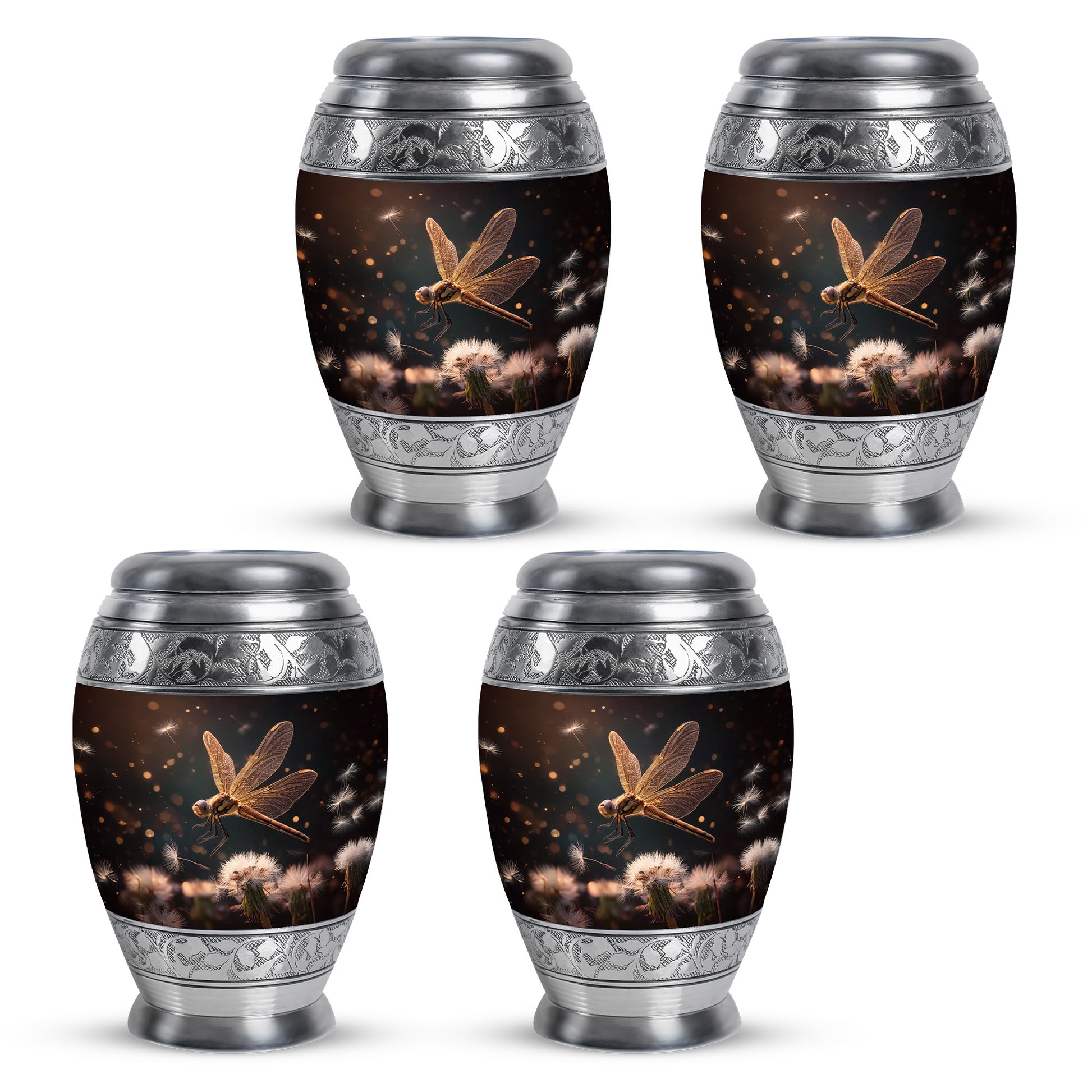 Obsidian Black Dragonfly Cremation Urn urn with complimentary velvet bag - royal dragonfly engraving with decorative scrollwork - 10 inch aluminum urn for cremated remains
