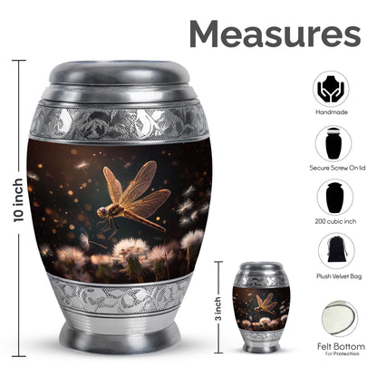 Charcoal Black Dragonfly Cremation Urn lifestyle display on memorial shelf - majestic dragonfly pattern with filigree border - mini keepsake memorial for portion of cremation ashes