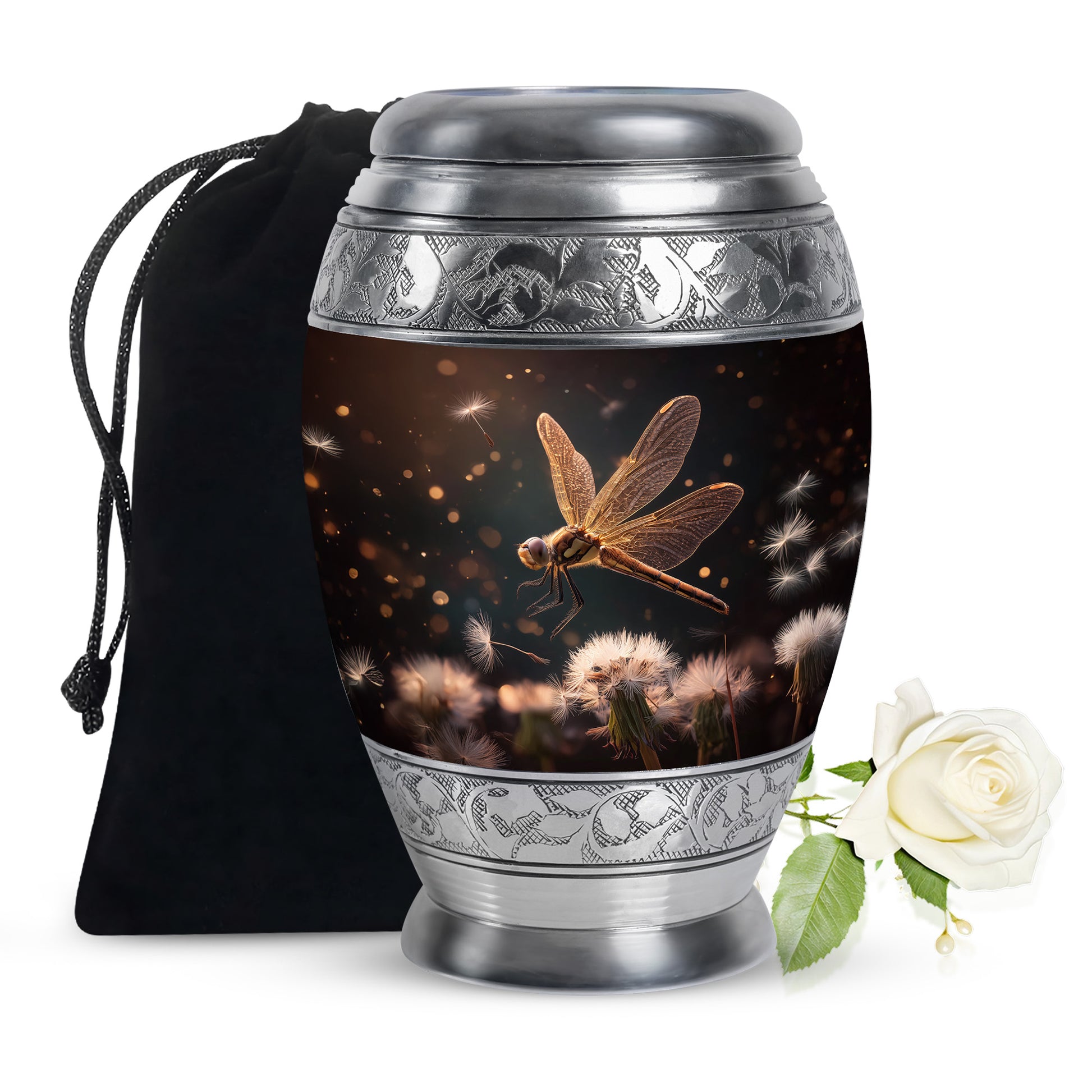Onyx Black Dragonfly Cremation Urn back view with polished surface - majestic dragonfly pattern with filigree border - full-size 10 inch 200 cubic inch adult cremation urn
