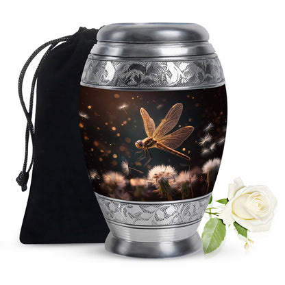 Onyx Black Dragonfly Cremation Urn back view with polished surface - majestic dragonfly pattern with filigree border - full-size 10 inch 200 cubic inch adult cremation urn