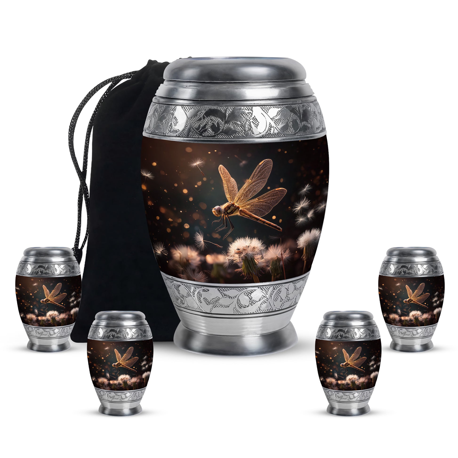 Rich Black Dragonfly Cremation Urn detail view - ornate monarch-style dragonfly relief on brushed aluminum - memorial set with one large and four small urns