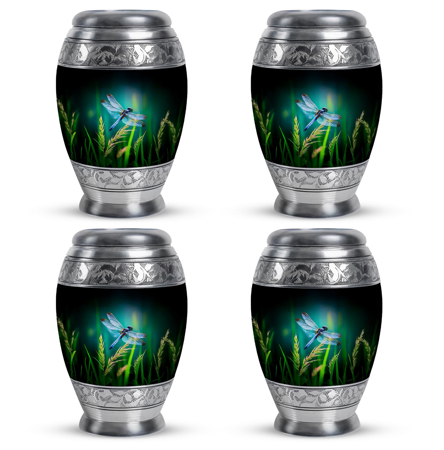 Aqua Teal Dragonfly Cremation Urn urn with complimentary velvet bag - majestic dragonfly pattern with filigree border - 10 inch aluminum urn for cremated remains