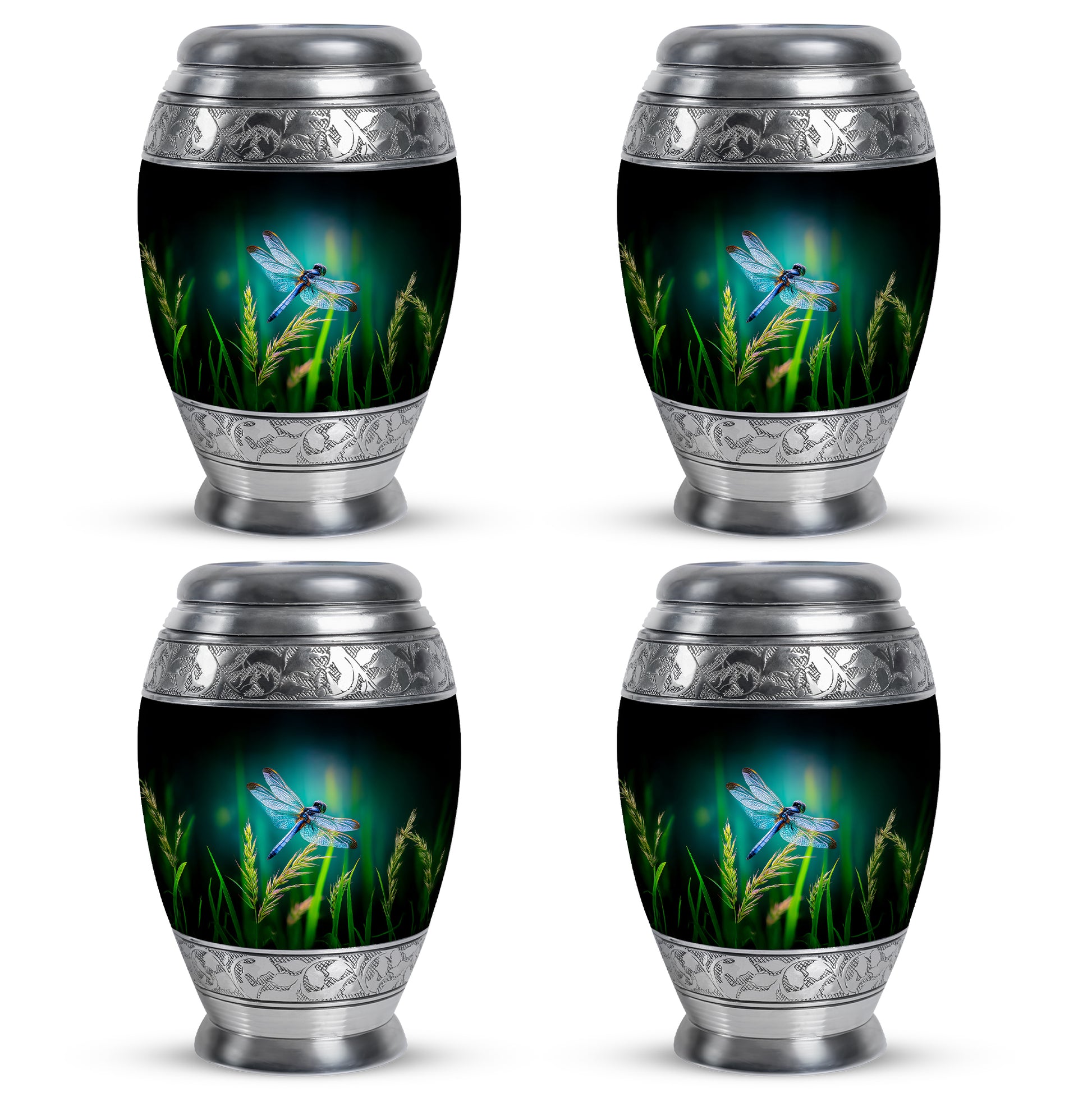 Aqua Teal Dragonfly Cremation Urn urn with complimentary velvet bag - majestic dragonfly pattern with filigree border - 10 inch aluminum urn for cremated remains