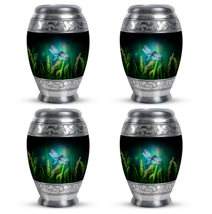 Aqua Teal Dragonfly Cremation Urn urn with complimentary velvet bag - majestic dragonfly pattern with filigree border - 10 inch aluminum urn for cremated remains