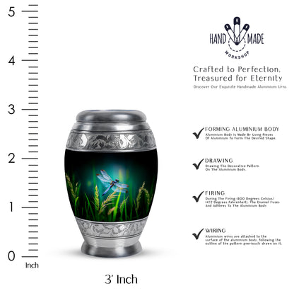 Mystic Teal Dragonfly Cremation Urn lifestyle display on memorial shelf - majestic dragonfly pattern with filigree border - mini keepsake memorial for portion of cremation ashes