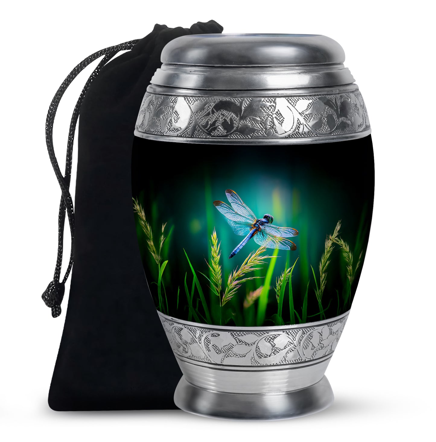 Jewel Teal Dragonfly Cremation Urn back view with polished surface - ornate monarch-style dragonfly relief on brushed aluminum - full-size 10 inch 200 cubic inch adult cremation urn