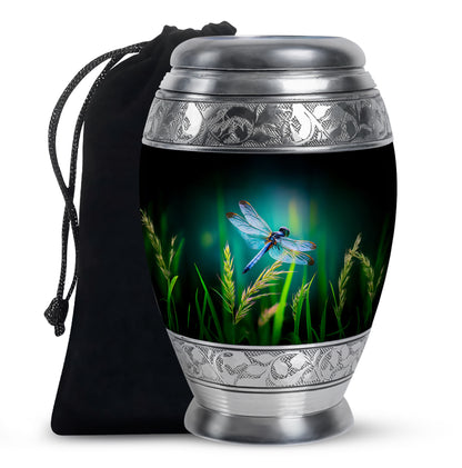 Jewel Teal Dragonfly Cremation Urn back view with polished surface - ornate monarch-style dragonfly relief on brushed aluminum - full-size 10 inch 200 cubic inch adult cremation urn