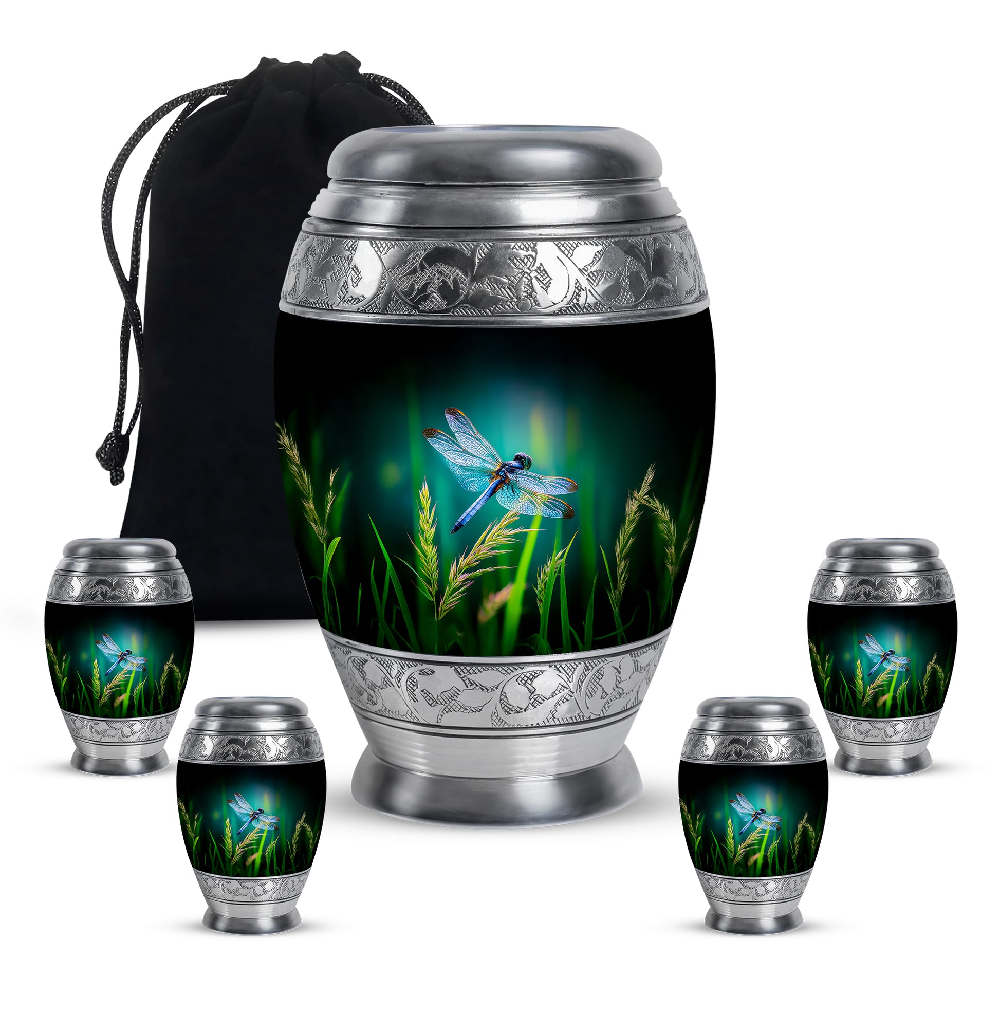 Deep Teal Dragonfly Cremation Urn detail view - royal dragonfly engraving with decorative scrollwork - memorial set with one large and four small urns