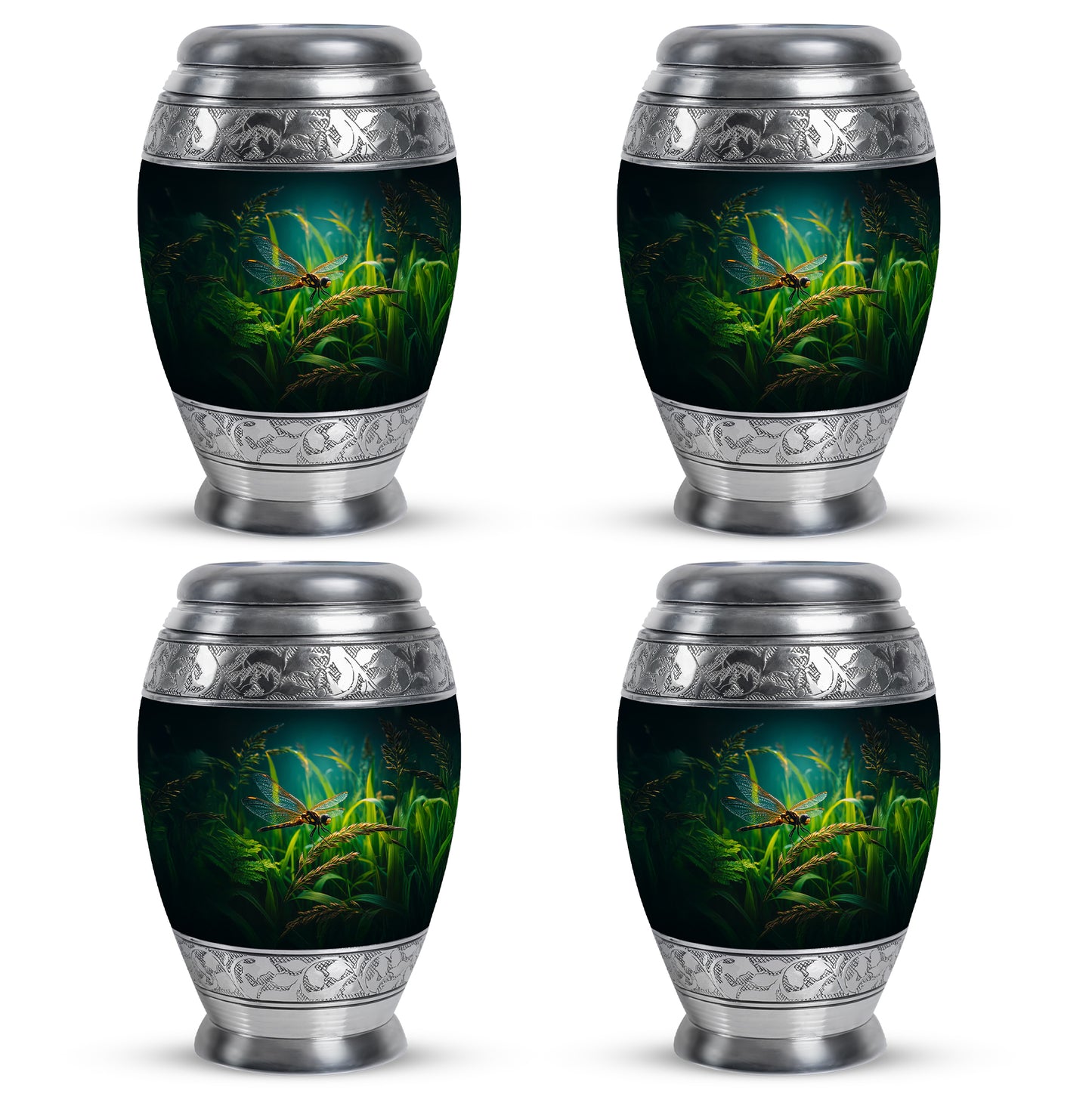 Deep Black Dragonfly Cremation Urn urn with complimentary velvet bag - ornate monarch-style dragonfly relief on brushed aluminum - 10 inch aluminum urn for cremated remains