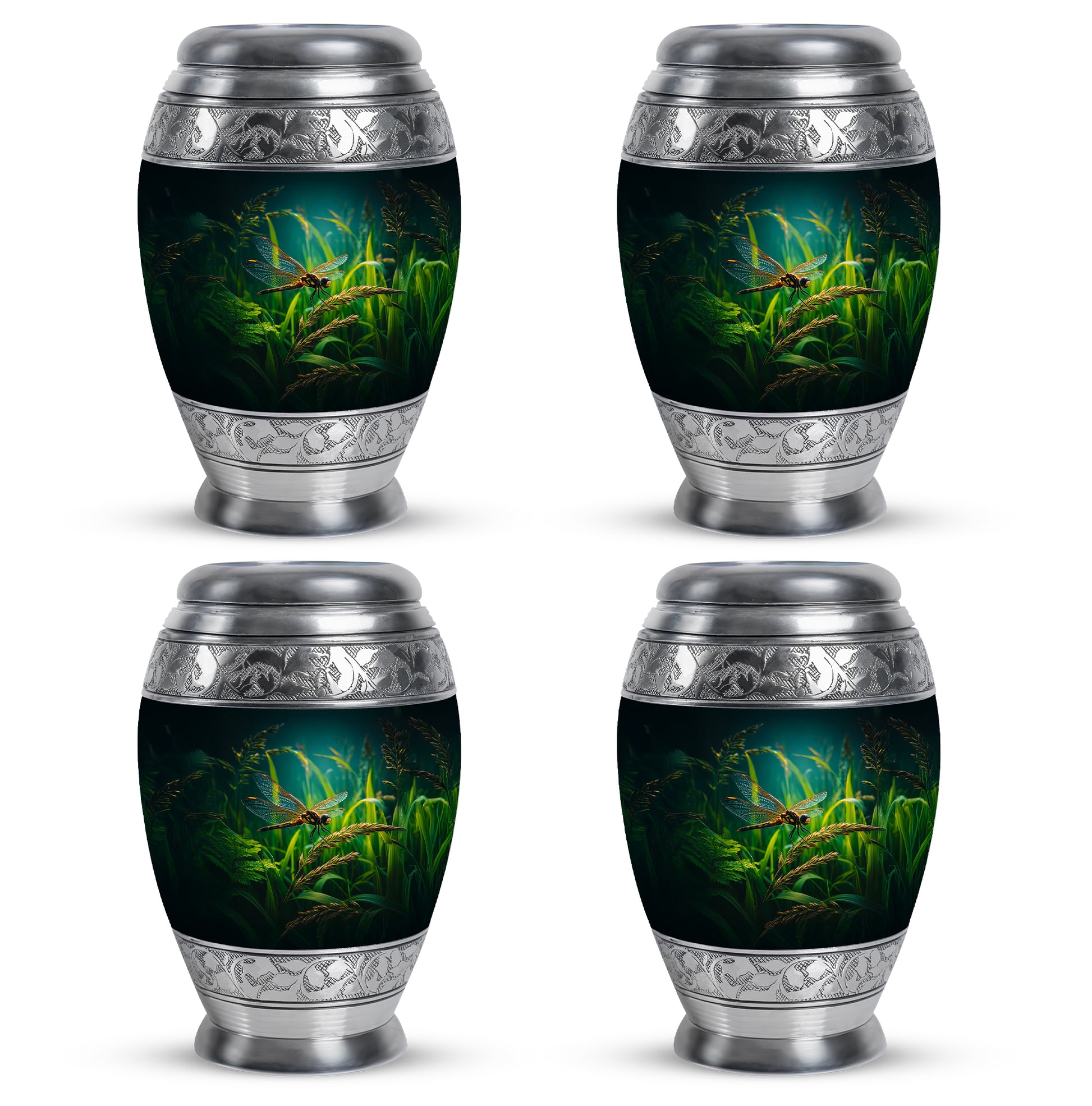 Deep Black Dragonfly Cremation Urn urn with complimentary velvet bag - ornate monarch-style dragonfly relief on brushed aluminum - 10 inch aluminum urn for cremated remains