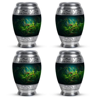 Deep Black Dragonfly Cremation Urn urn with complimentary velvet bag - ornate monarch-style dragonfly relief on brushed aluminum - 10 inch aluminum urn for cremated remains
