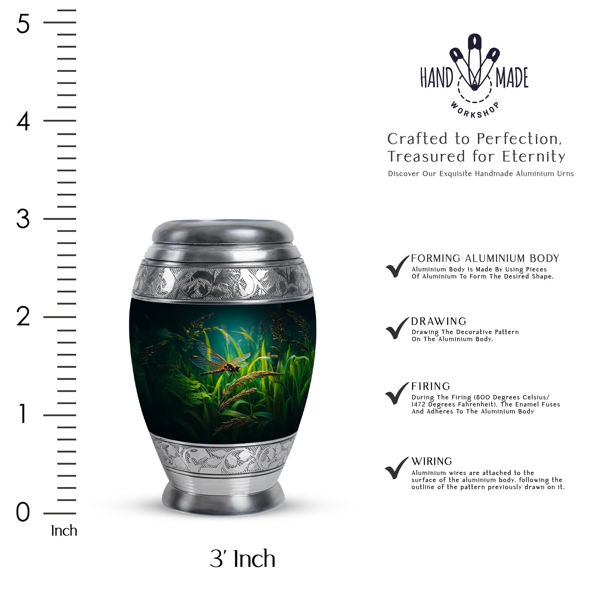Charcoal Black Dragonfly Cremation Urn lifestyle display on memorial shelf - majestic dragonfly pattern with filigree border - mini keepsake memorial for portion of cremation ashes