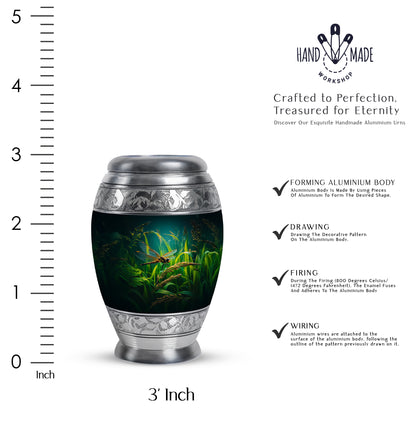 Charcoal Black Dragonfly Cremation Urn lifestyle display on memorial shelf - majestic dragonfly pattern with filigree border - mini keepsake memorial for portion of cremation ashes