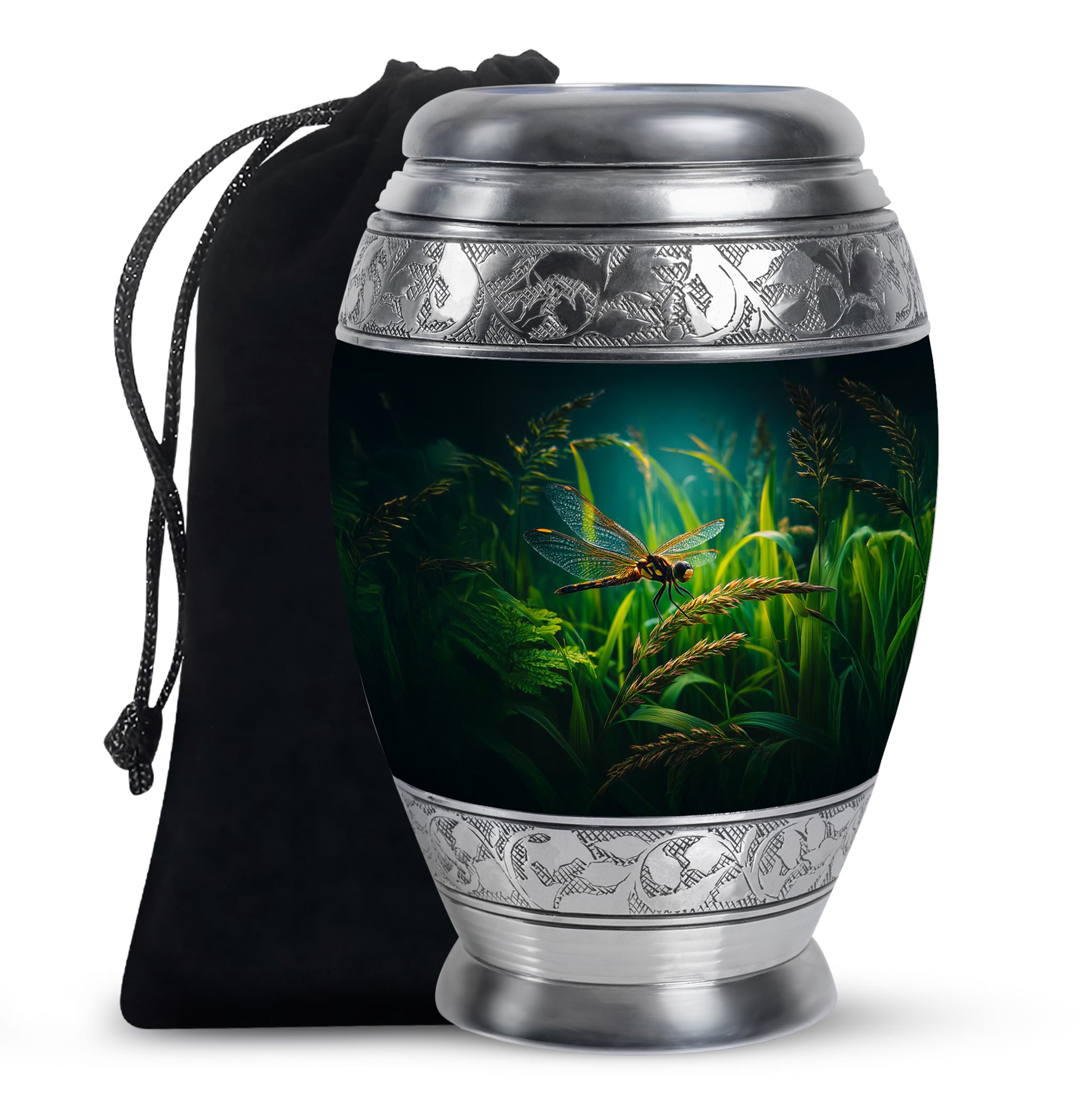 Ebony Dragonfly Cremation Urn back view with polished surface - regal dragonfly design with crown-inspired accents - full-size 10 inch 200 cubic inch adult cremation urn