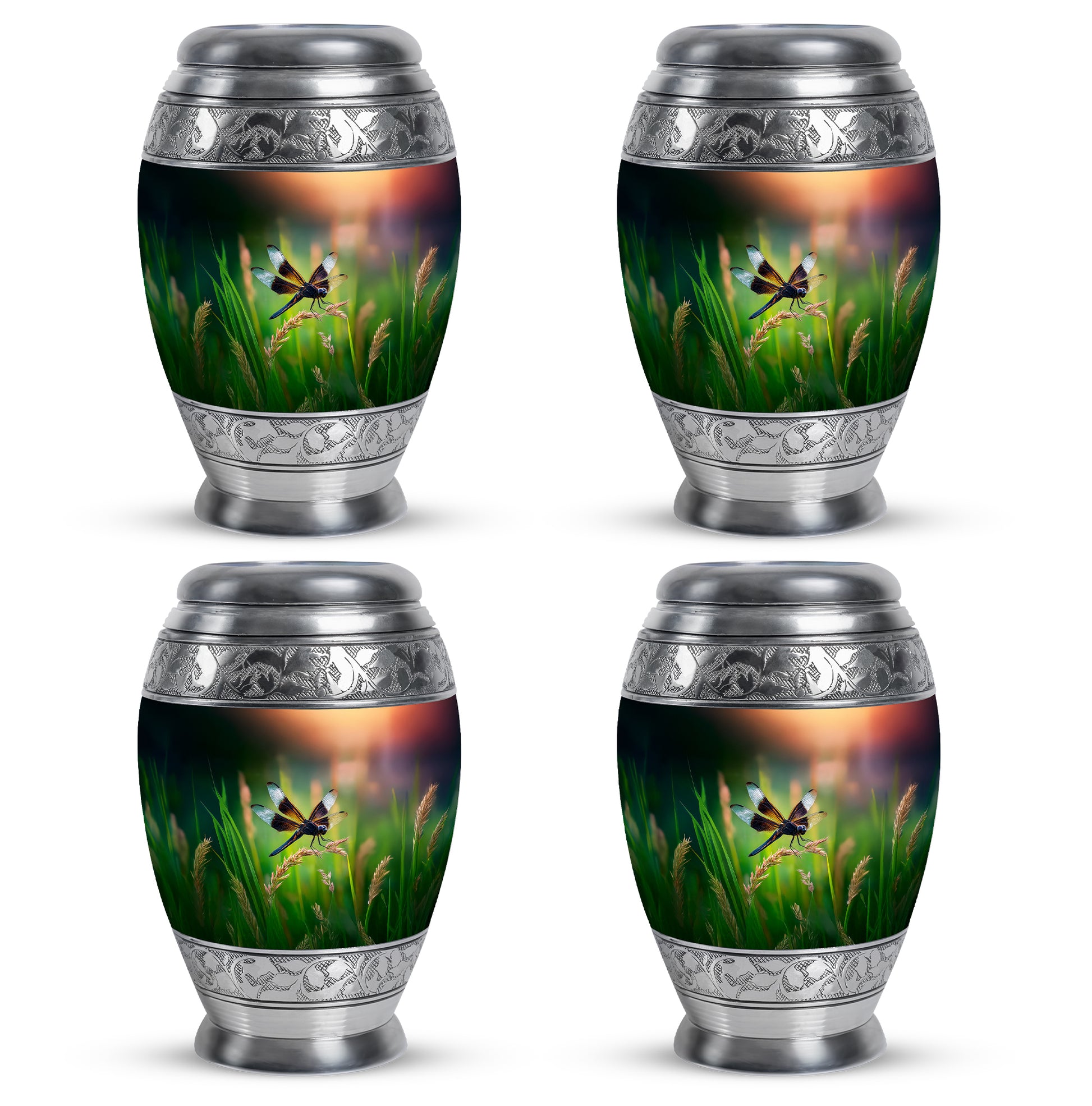 Soft Teal Dragonfly Cremation Urn urn with complimentary velvet bag - ornate monarch-style dragonfly relief on brushed aluminum - 10 inch aluminum urn for cremated remains