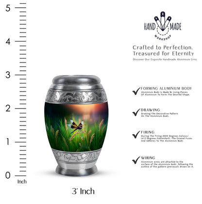 Vivid Teal Dragonfly Cremation Urn lifestyle display on memorial shelf - royal dragonfly engraving with decorative scrollwork - mini keepsake memorial for portion of cremation ashes
