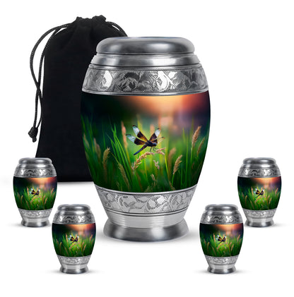 Ocean Teal Dragonfly Cremation Urn detail view - regal dragonfly design with crown-inspired accents - memorial set with one large and four small urns