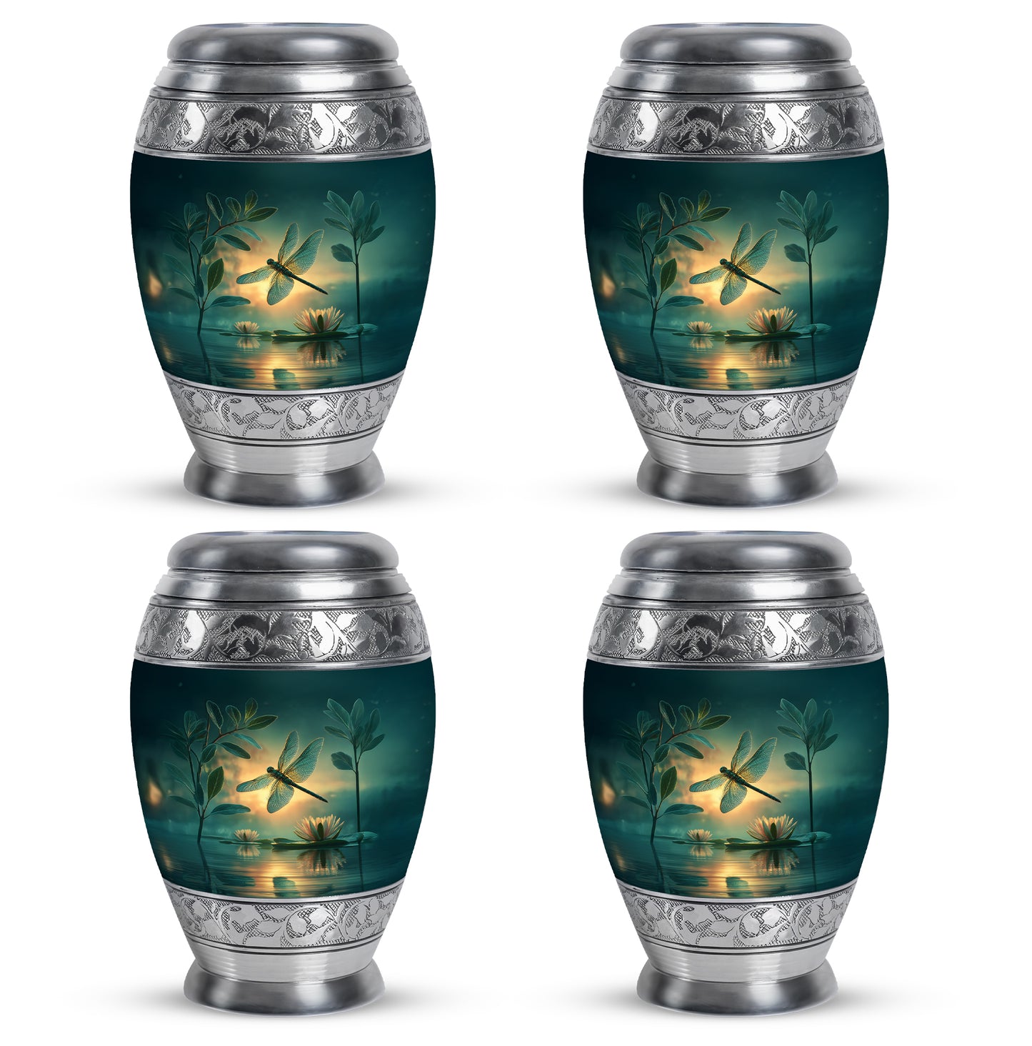 Soft Teal Dragonfly Cremation Urn urn with complimentary velvet bag - ornate monarch-style dragonfly relief on brushed aluminum - 10 inch aluminum urn for cremated remains