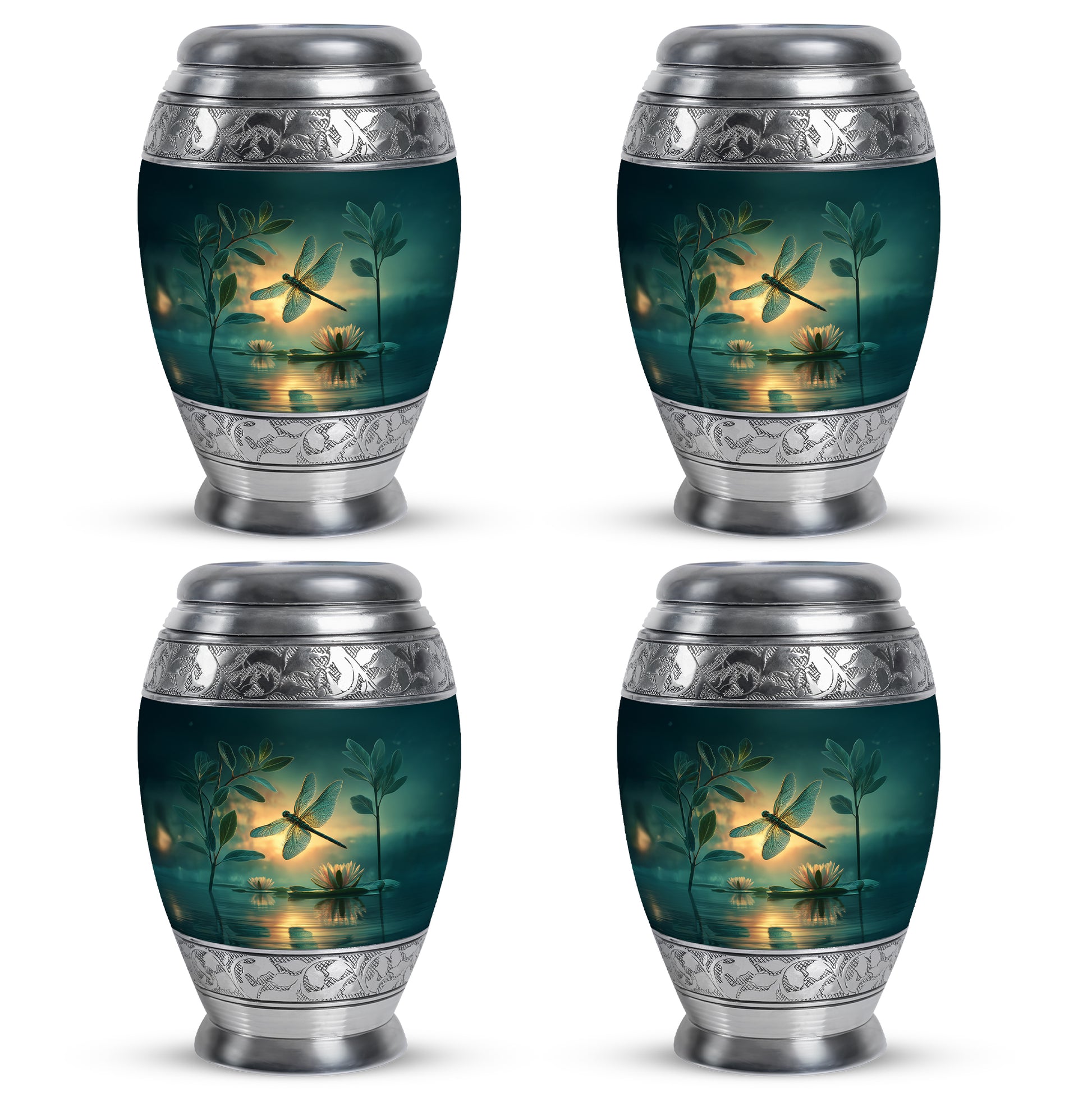 Soft Teal Dragonfly Cremation Urn urn with complimentary velvet bag - ornate monarch-style dragonfly relief on brushed aluminum - 10 inch aluminum urn for cremated remains