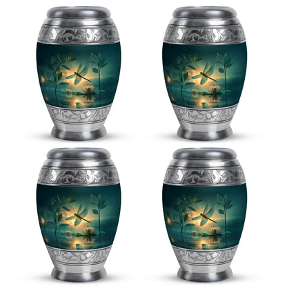 Soft Teal Dragonfly Cremation Urn urn with complimentary velvet bag - ornate monarch-style dragonfly relief on brushed aluminum - 10 inch aluminum urn for cremated remains