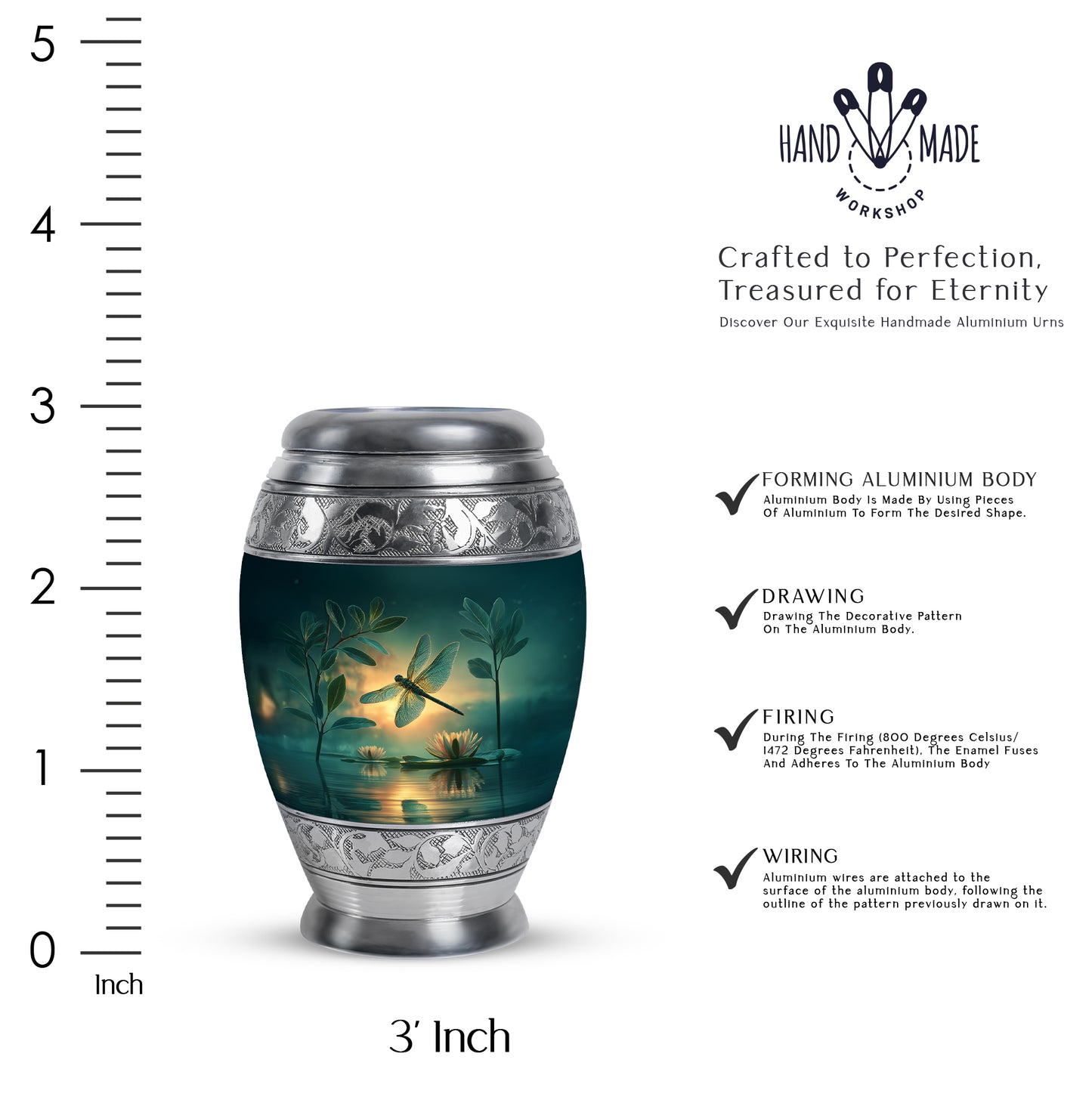 Vivid Teal Dragonfly Cremation Urn lifestyle display on memorial shelf - majestic dragonfly pattern with filigree border - mini keepsake memorial for portion of cremation ashes