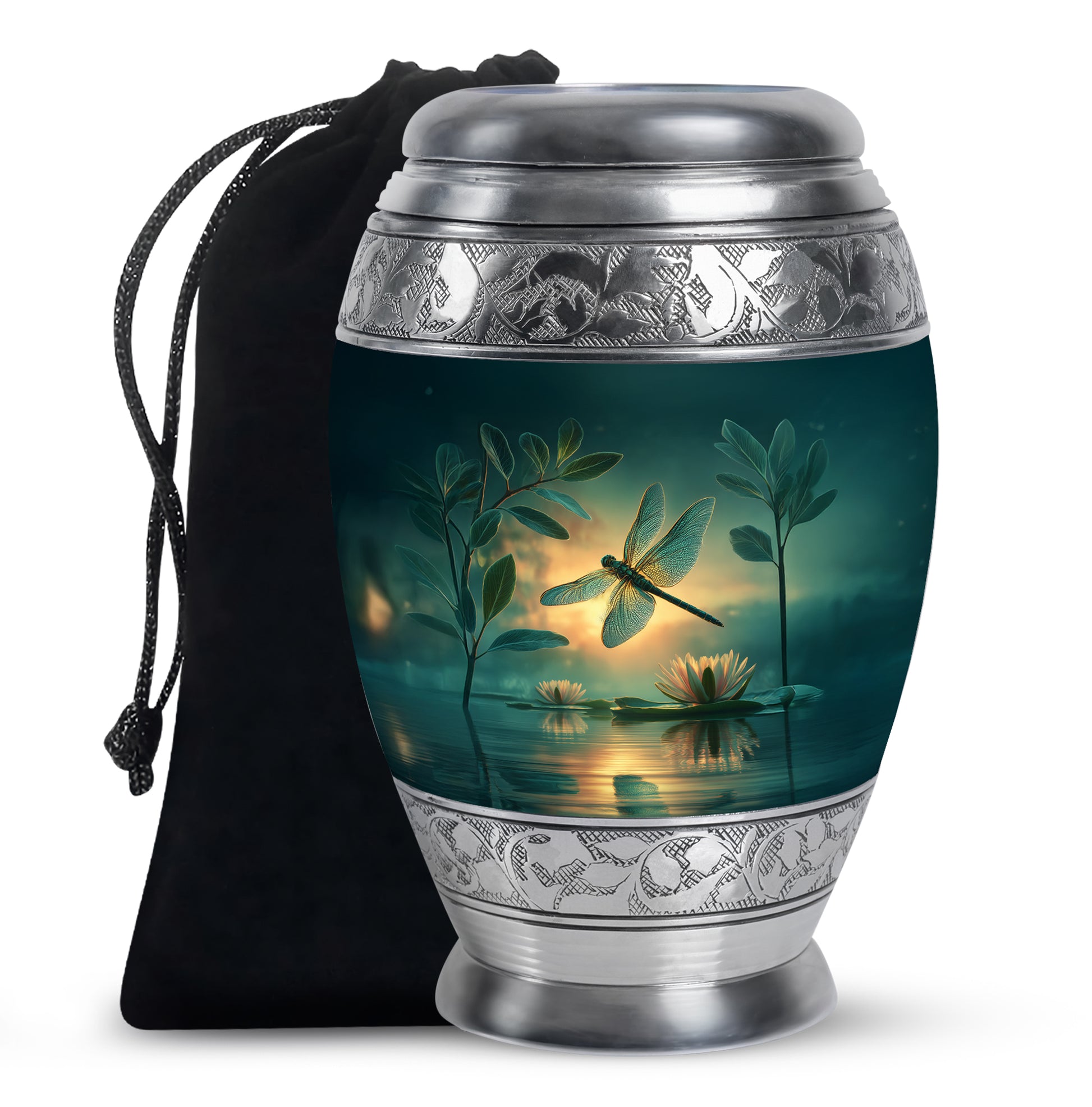 Vivid Teal Dragonfly Cremation Urn back view with polished surface - royal dragonfly engraving with decorative scrollwork - full-size 10 inch 200 cubic inch adult cremation urn