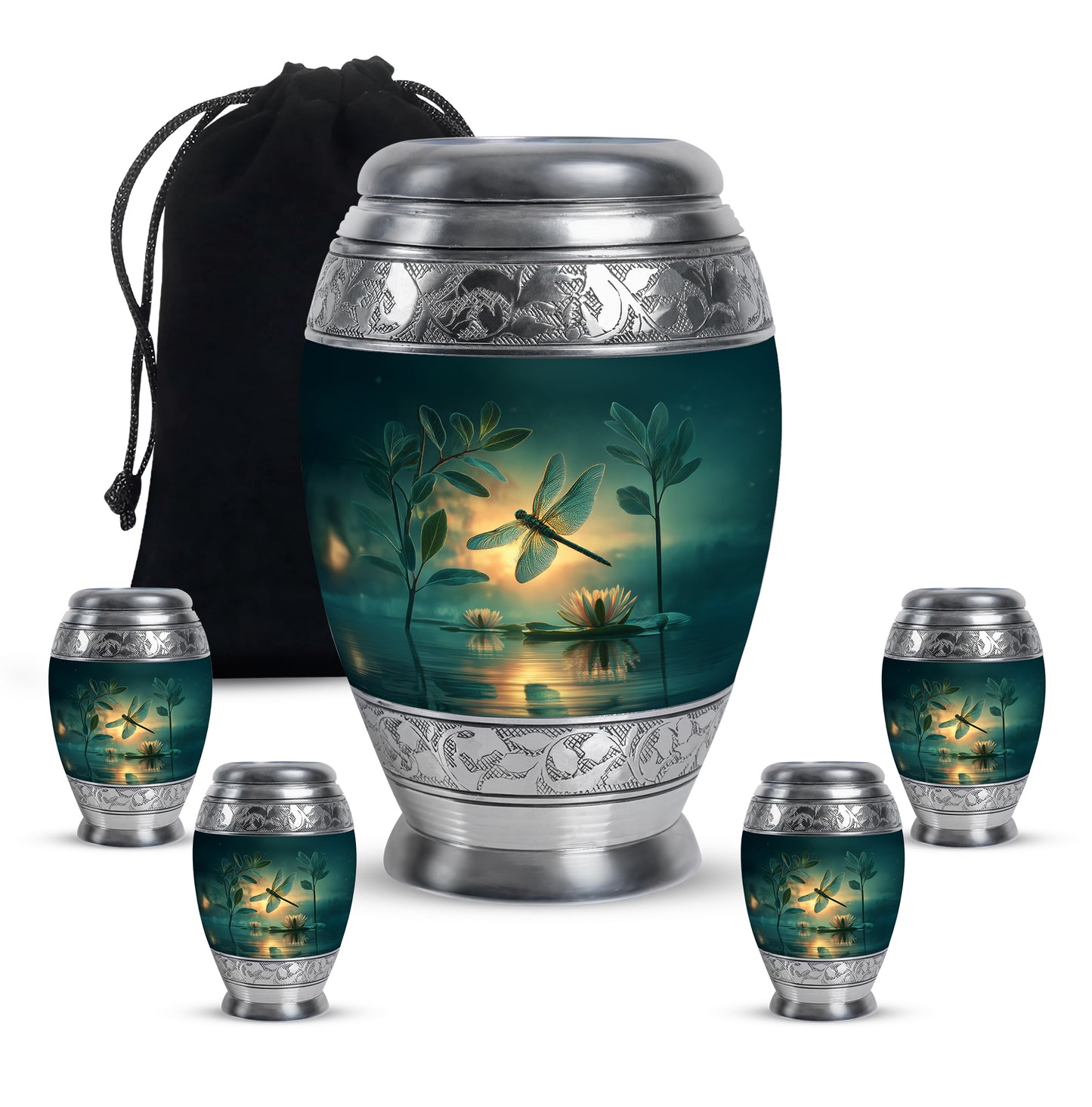 Mystic Teal Dragonfly Cremation Urn detail view - majestic dragonfly pattern with filigree border - memorial set with one large and four small urns
