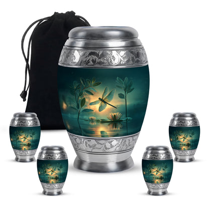 Mystic Teal Dragonfly Cremation Urn detail view - majestic dragonfly pattern with filigree border - memorial set with one large and four small urns