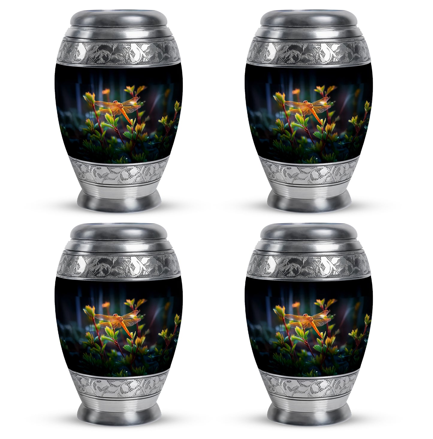 Rich Black Dragonfly Cremation Urn urn with complimentary velvet bag - regal dragonfly design with crown-inspired accents - 10 inch aluminum urn for cremated remains