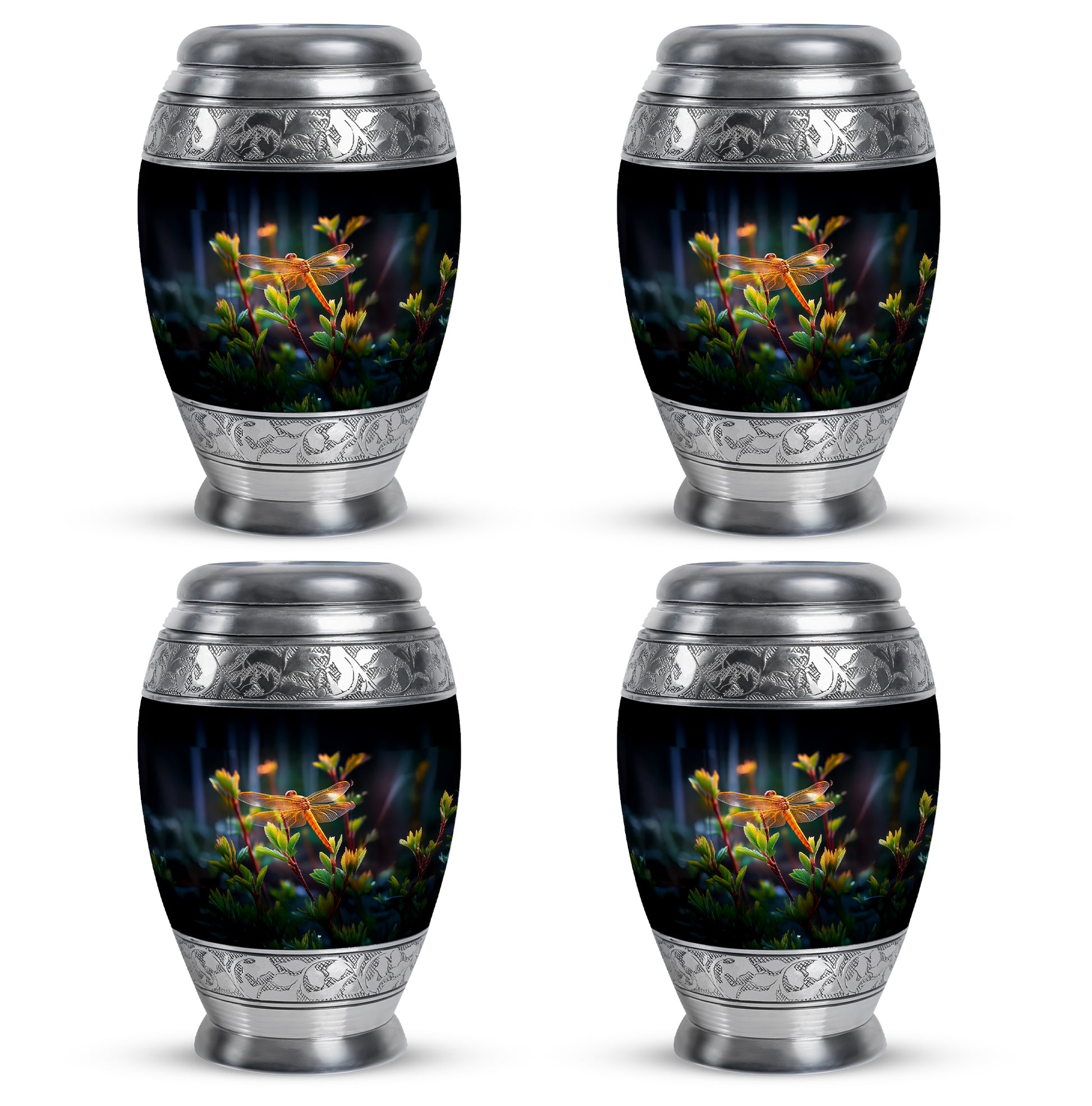 Rich Black Dragonfly Cremation Urn urn with complimentary velvet bag - regal dragonfly design with crown-inspired accents - 10 inch aluminum urn for cremated remains